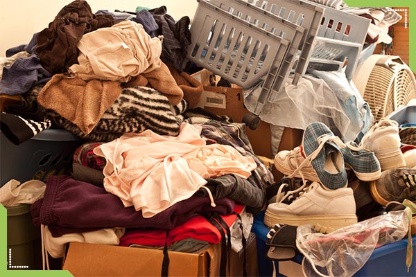 In der Mitte eines Zimmers stapeln sich persönliche und gewöhnliche Dinge: Kleidung, Schuhe, Pakete, Fächer und vieles mehr.